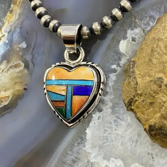 Native American Sterling Silver Heart Shape Multi Stone Inlay Pendant For Women - Picture 5 of 10